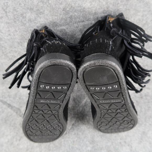 Minnetonka Shoes Womens 7.5 Bootie Moccasin Leather Hi Top Back Zip Fringe Black - Picture 11 of 13